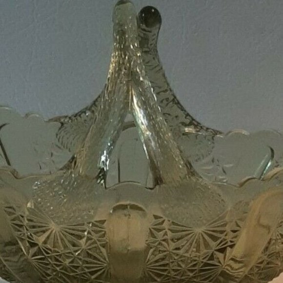 Fenton Green Glass Daisy and Button Oval Basket Split Twig Handle - Picture 11 of 11